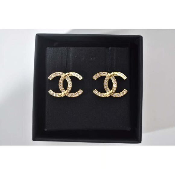 Chanel 23C Gold Crystal Interlocking CC Logo Classic Drop Statement Stud Earring - Picture 6 of 7